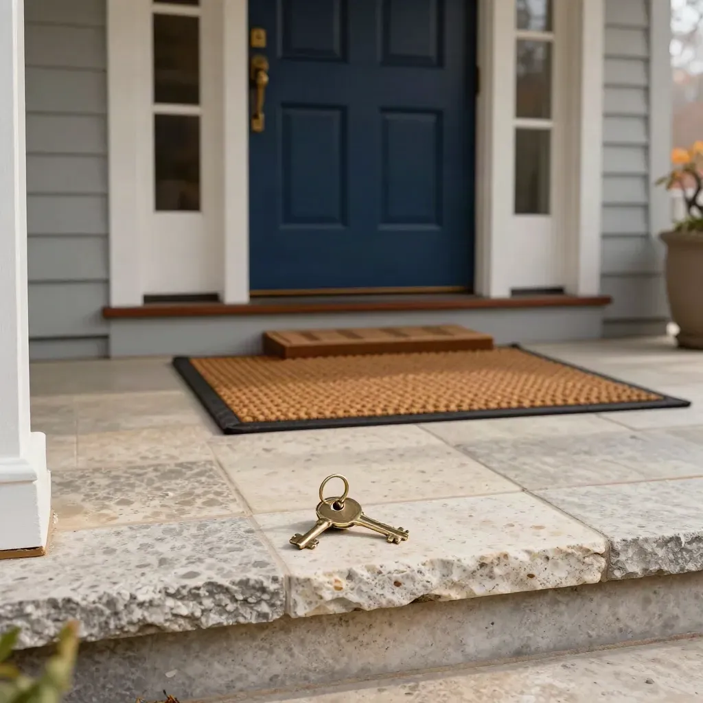 Renewed porch with brass hardware, clean mat, key on stone step, and autumn fog.