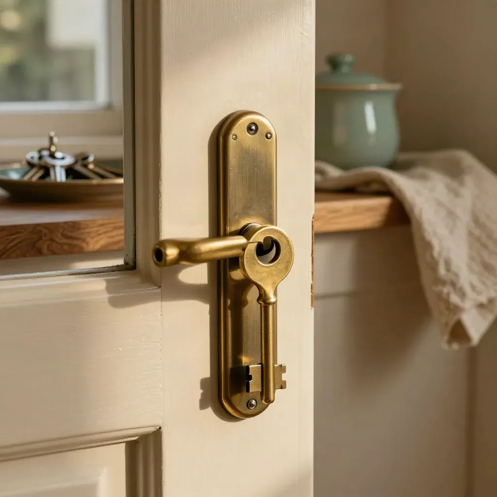 Brass key turning in a matte front-door lock, with blurred spare keys on a tray behind.