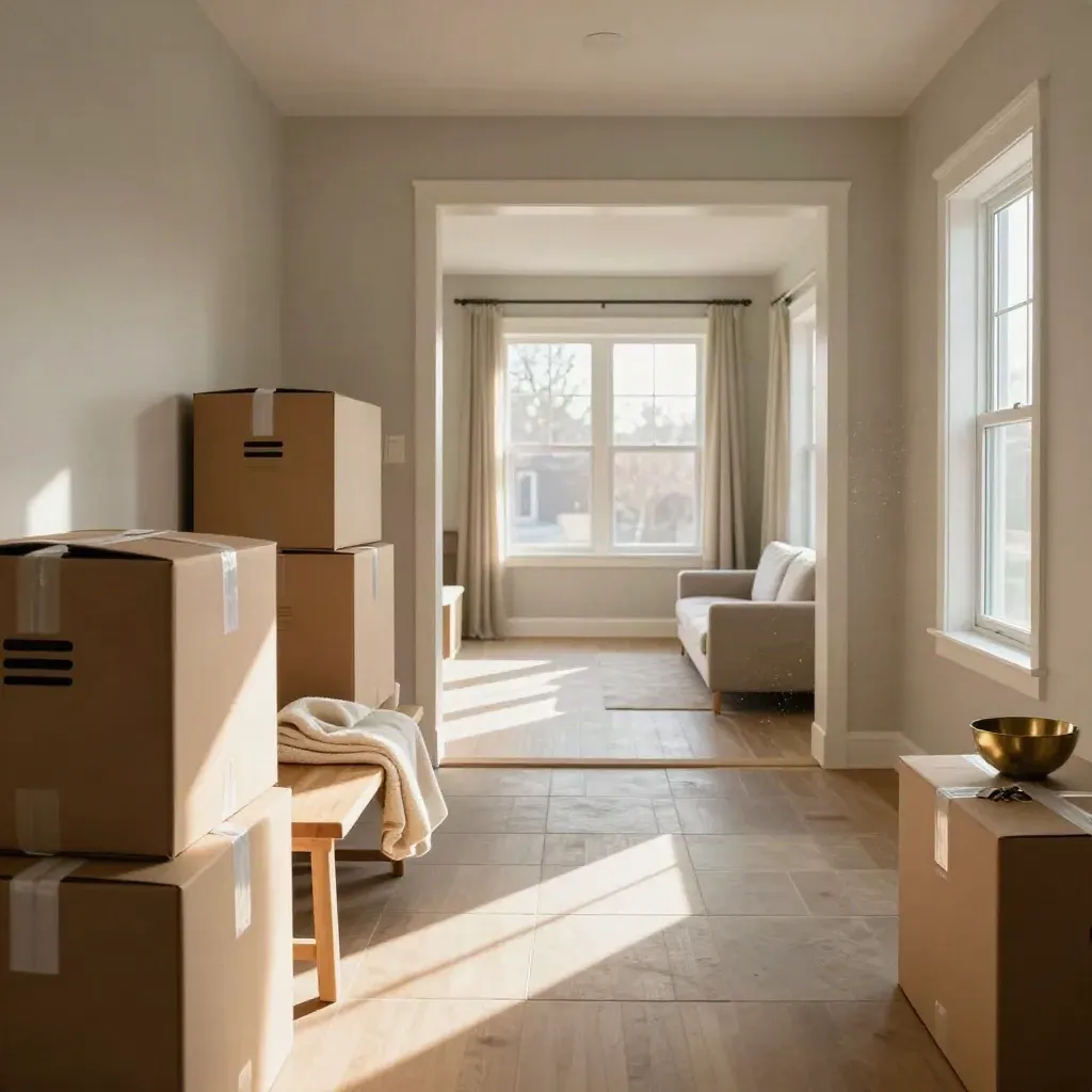 Townhouse entry with moving boxes, warm sunlight, and an empty living room beyond.