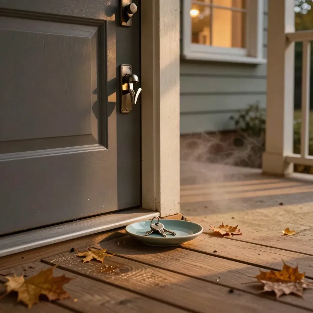Warm porch with new lockset, key in teal tray, autumn mist, low evening light.
