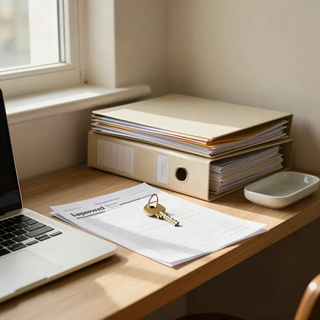 Closed mortgage binders, shut laptop, house key, and tax folders in a warm home office nook.