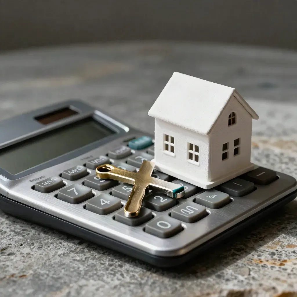 Steel calculator, miniature white house, and crossed keys on stone with dramatic shadow.