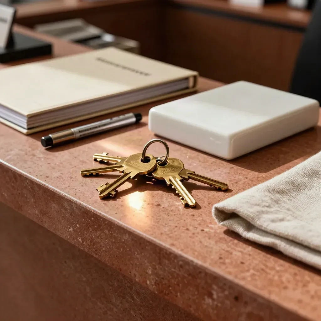 Brass key rings, metal marker and white paperweight on a terracotta brokerage ledge.