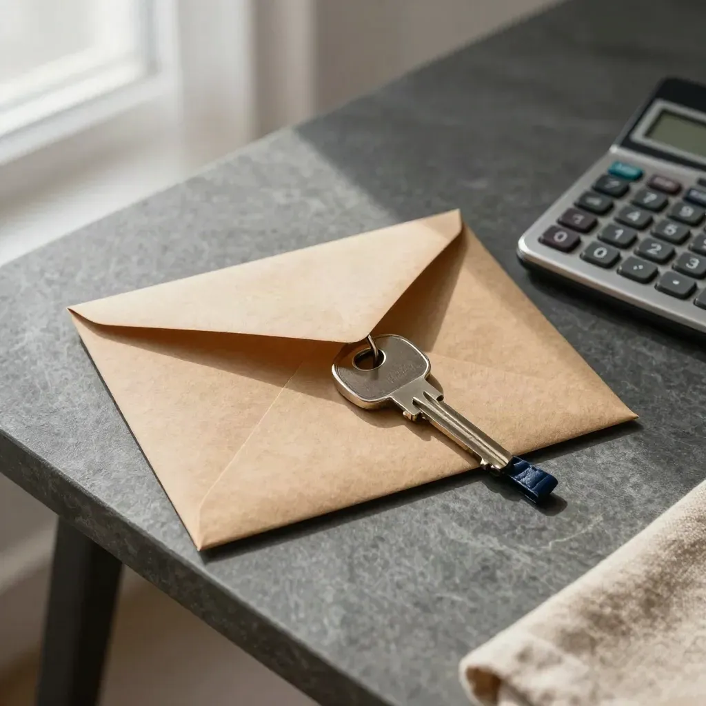 Top-down still life of an envelope, key, and calculator on a slate desk.