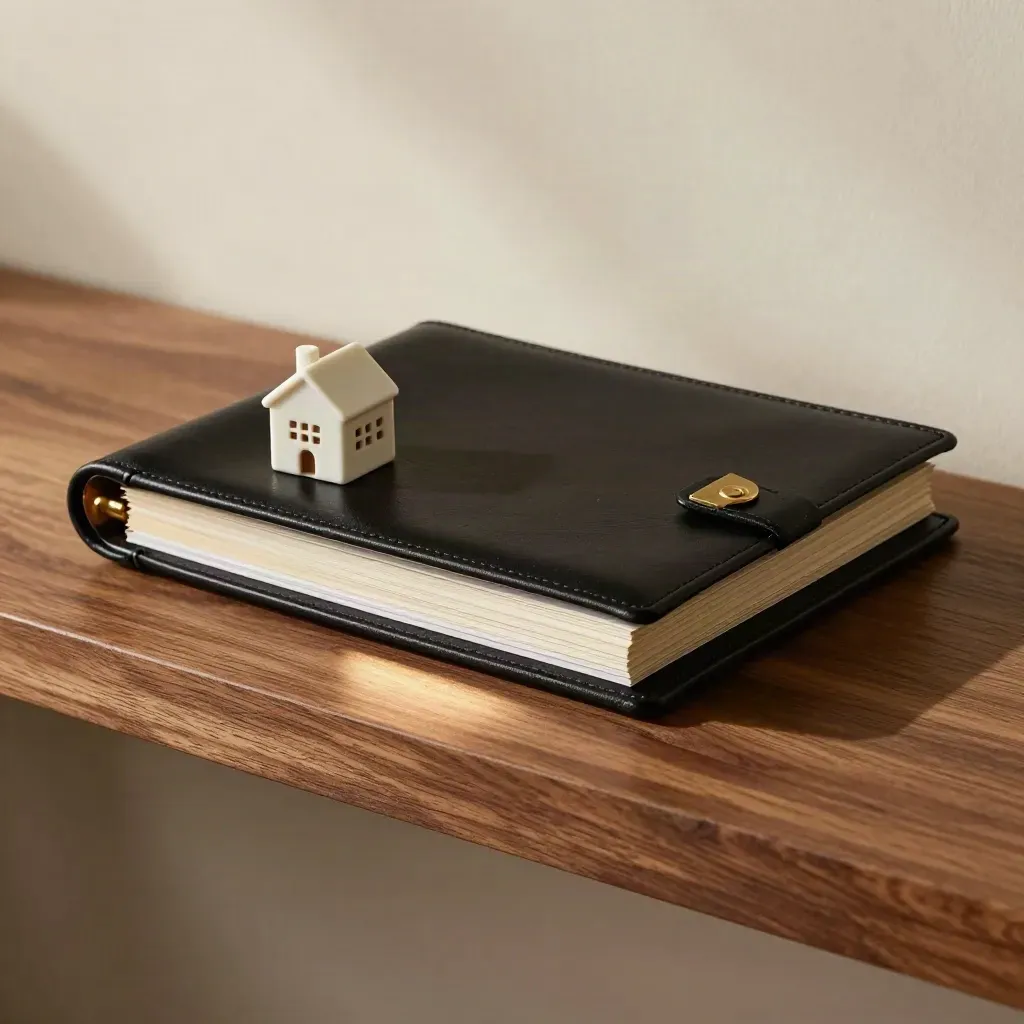 Closed black folio, brass clip, and ceramic house on a walnut shelf.